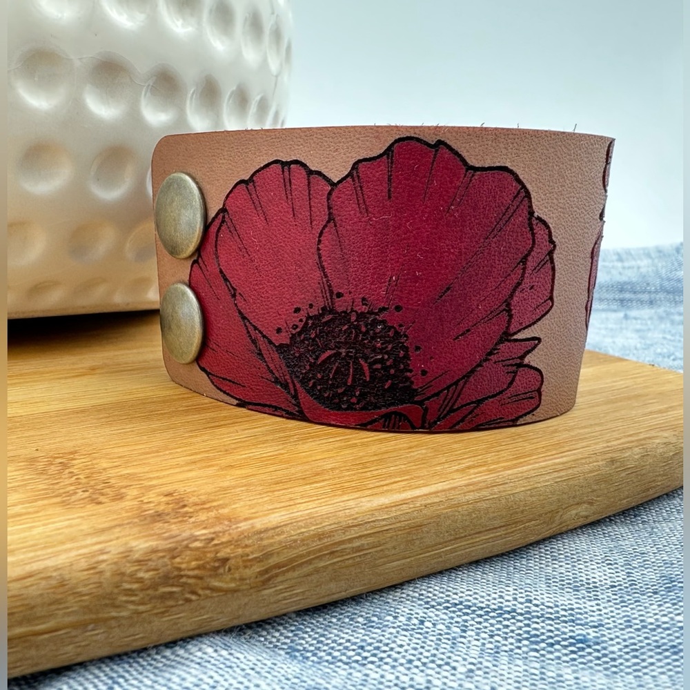 Handmade Leather Poppy Cuff Bracelet by Gemini Creative
